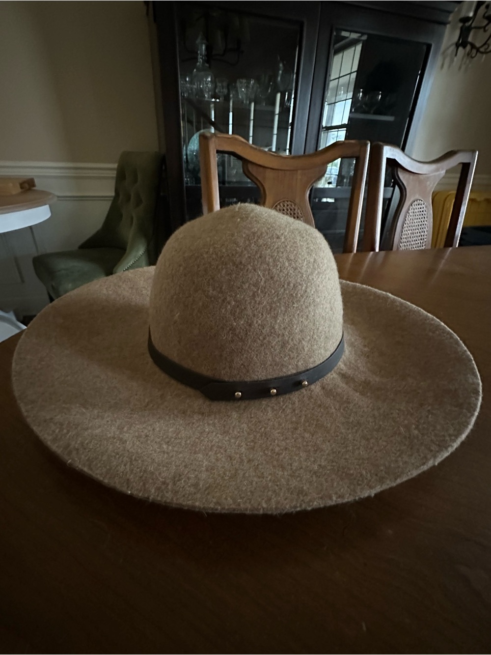 Halogen Beige Wide-Brim Wool Felt Hat with Brown Band